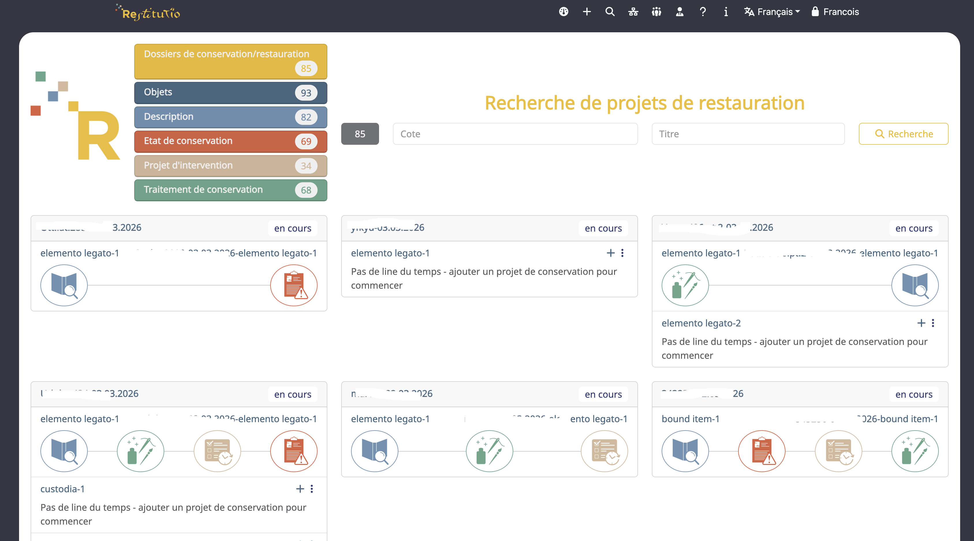 Interface : Recherche de projets Restitutio