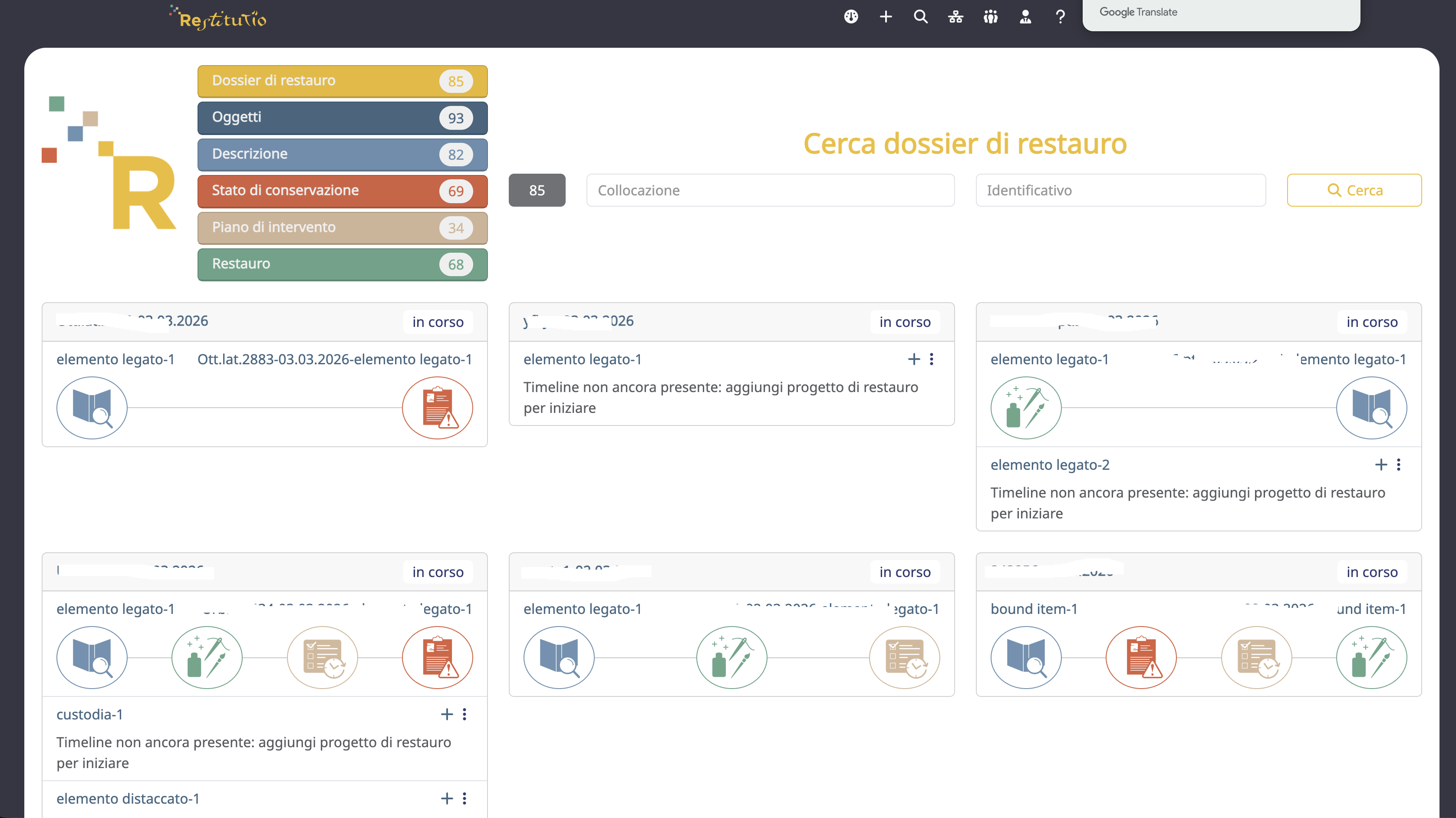 Interfaccia: Ricerca di progetti Restitutio
