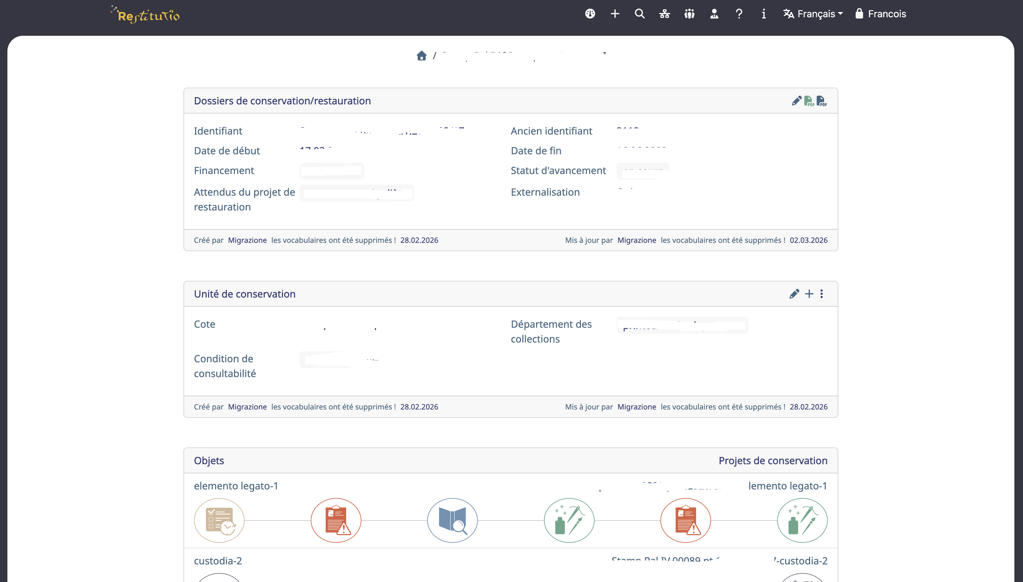 Interface : Détails d'un dossier de restauration