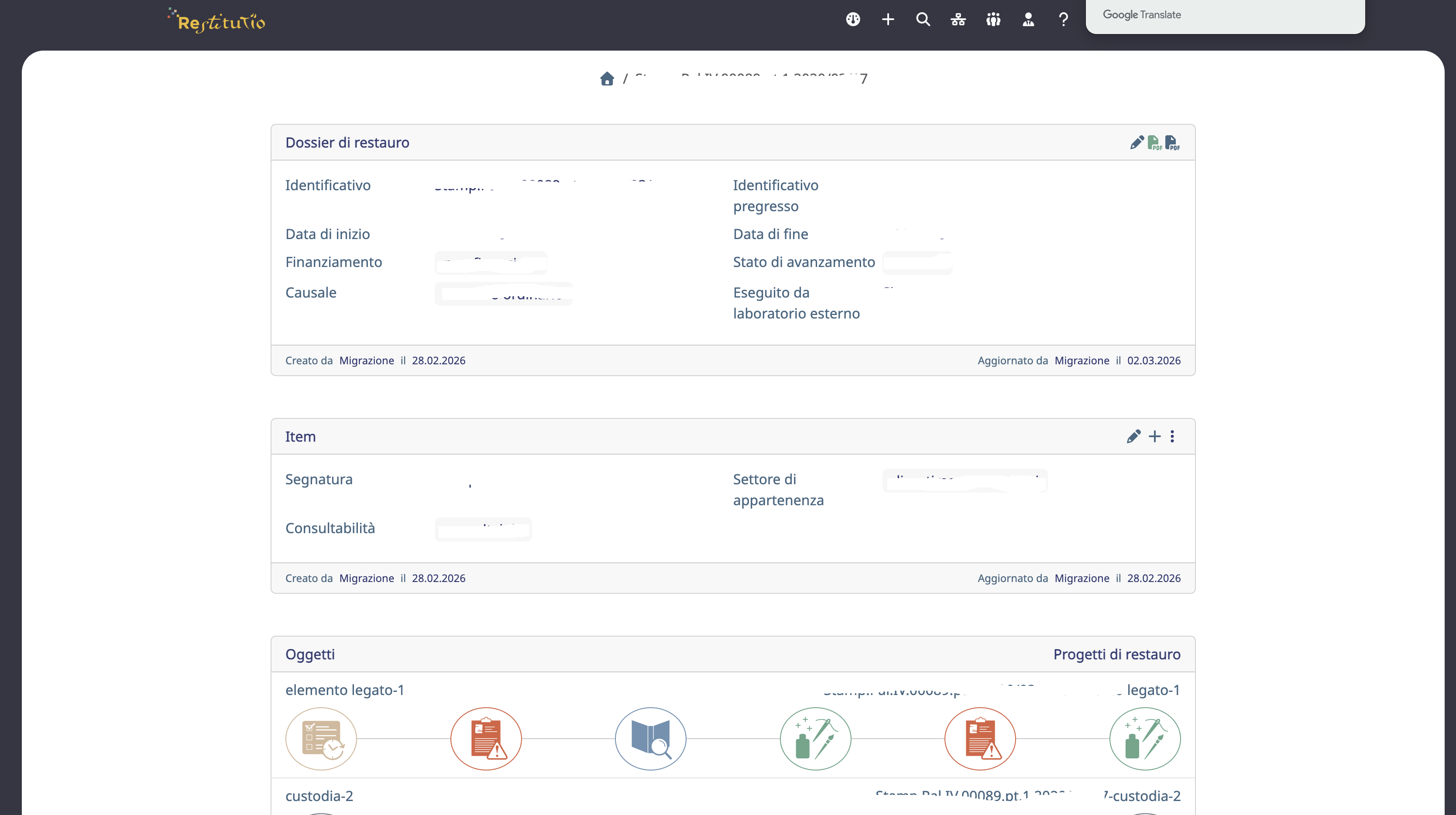 Interfaccia: Dettagli del dossier di restauro